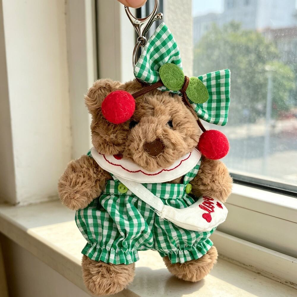 Bartholomew Bear Bag Charm clothes outfits - Green Plaid Overalls & Bow Set